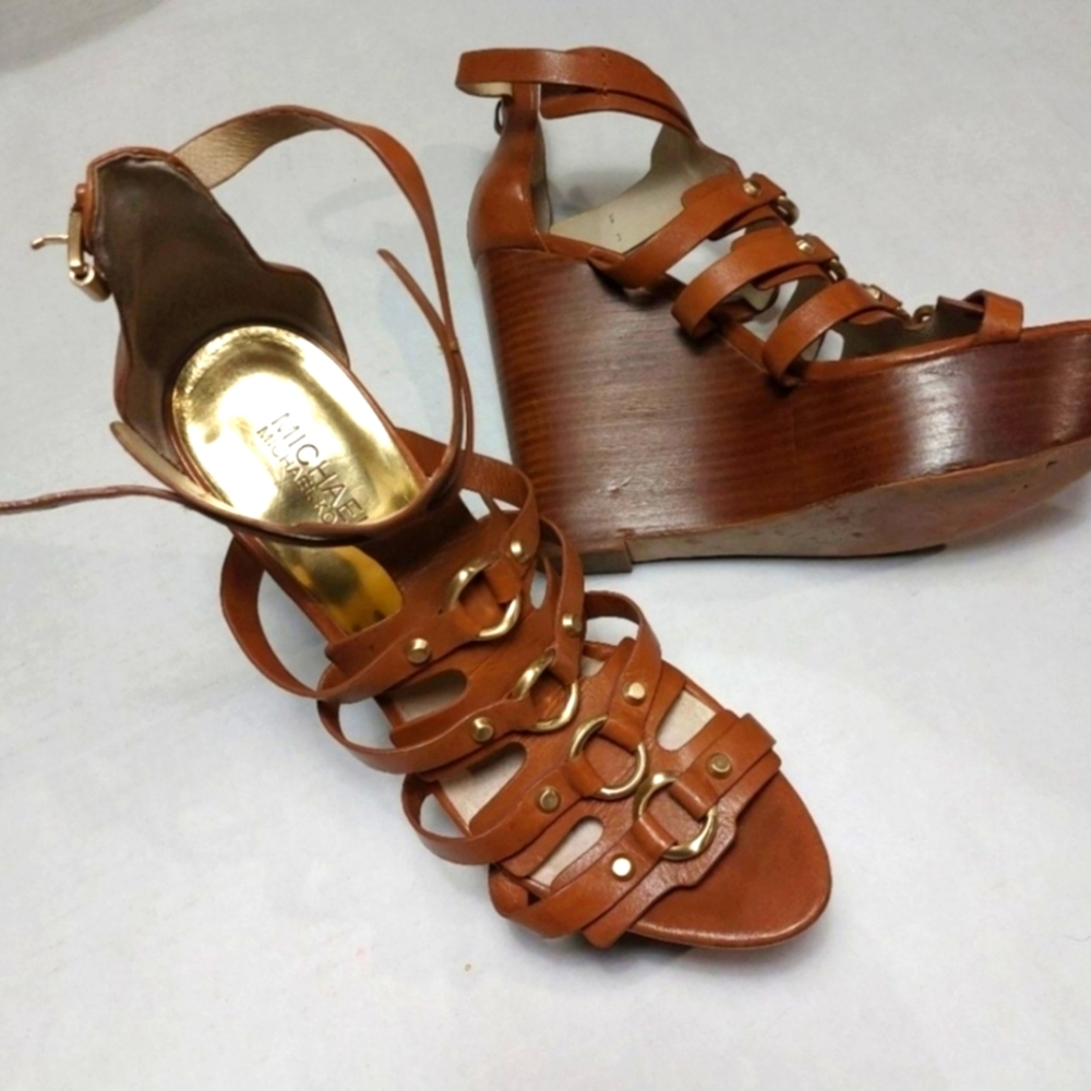 Michael Kors Women' Brown Leather Gladiator Stylish Wedge, Shoes Size 9.5M